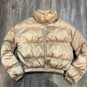 SHEIN Tan Full Zip Collar Cropped Puffer Jacket Coat Padded Ski Winter Holiday S